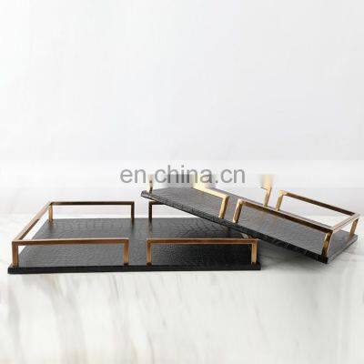 wholesale modern hotel wedding interior square black brown luxury nordic iron leather decor tray