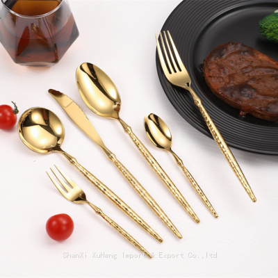 High-end Stainless Steel Cutlery Set Flatware Sets Retro Hammer Gold Knife Fork Spoon