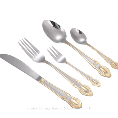 Court Stainless Steel Golden Retro Royal Flatware Set Vintage Gold Plated Wedding Hotel Cutlery Silverware Set Court Stainless Steel Golden Retro Royal Flatware Set Vintage Gold Plated Wedding Hotel Cutlery Silverware Set