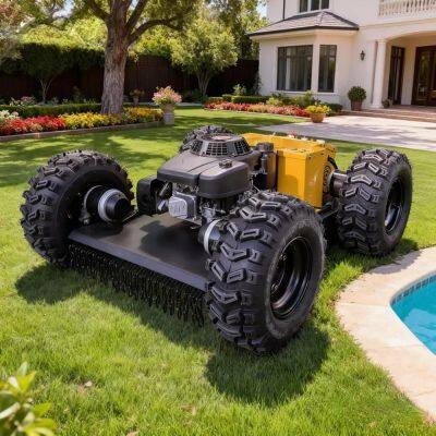 Cortador de grama de lâmina rotativa autopropulsado sem fio, controlado remotamente, com chassi de aço movido a gasolina, robótico agrícola de grau industrial