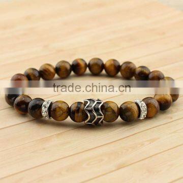 BRP1309 natural tiger eye gem stone strench bracelet stainless steel bead with CZ paved charm bracelet                        
                                                                                Supplier's Choice