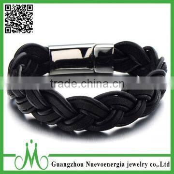 Braided Black Genuine Leather Stainless Steel Clasp Men's Bracelet Silver Black