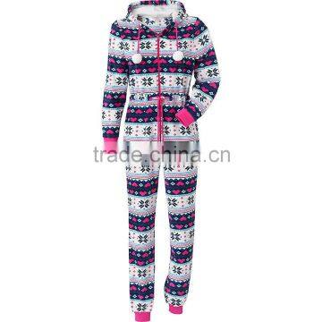 Wholesale Women's Nordic Print Supersoft Fleece Hooded Jumpsuit with Zipper