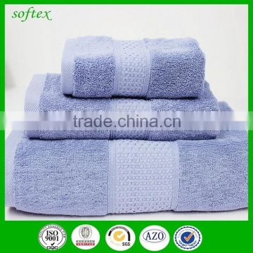 3pcs solid color dobby border 100% cotton bath towel set blue