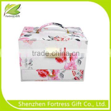 Custom flower printed leather jewelry storage box with handle