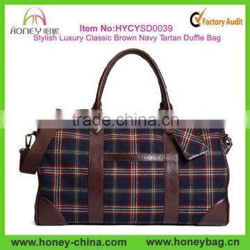 Stylish Luxury Classic Brown Navy Tartan Duffle Bag