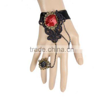 Delicate Women Red Rose Flower Black Lace Bracelet with Alloy Chain Ring