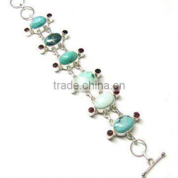 Natural Tibetan Turquoise Faceted Garnet 925 Silver Fashion Bracelet