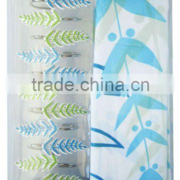 plant design shower curtain with12 pcs decorative resin hooks