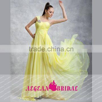 HT4 New Fashion One Shoulder Sweetheart Long Prom Dresses Floor Length Beaded Yellow Sleeveless Vestidos Para Formatura