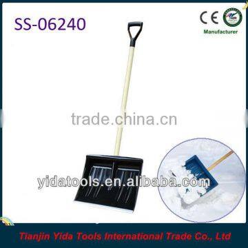 Plastic snow shovel with wood handle