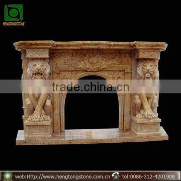 Natural Travertine Stone Fireplace Mantel with Lion Statues