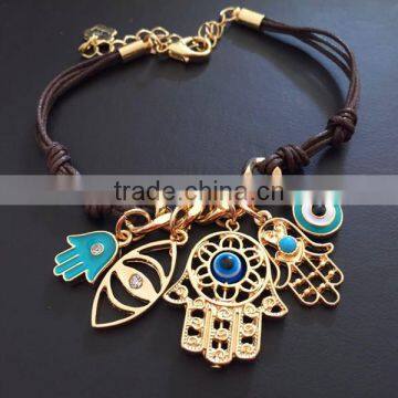 Gold Hamsa Hand Fatima Hand Evil Eye Charms Bracelet Wax Cord Bracelet