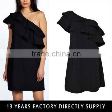 Woman Casual One Piece Mini Dress New Arrivals One Shoulder Double Ruffle Dress 2016