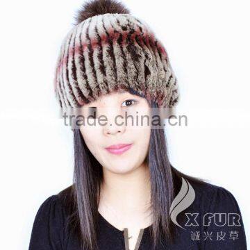 CX-C-58K Hand Knitted Genuine Rex Fur Beanie Hat With Fox Fur Ball photo-4
