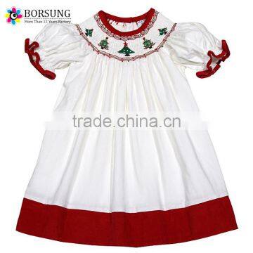 Children Latest Dress Designs White Cotton Corduroy Girls Christmas Smocked Bishop Dresses