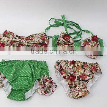 European Kids Hot Swimwear Girls Aqua Blue Bandeau Bubble Shorts Vintage Headwrap 3 Piece