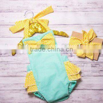 Baby Girls Mint And Yellow Polk Dots Ruffle Bubble Baby Kids Clothes Romper photo-2