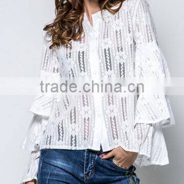 Runwaylover 121 2017 Ladies Sexy Flare Sleeve Lace Transparent Blouse photo-2