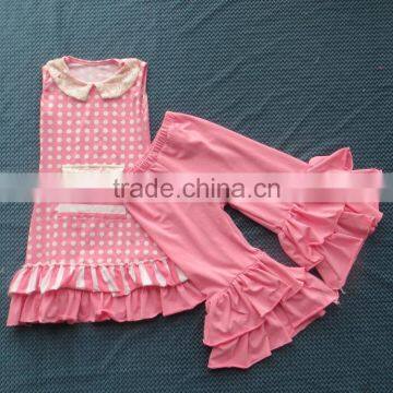 LY-189 cute pink sleeveless dot dress set girl ruffle pants set children boutique outfit 2016