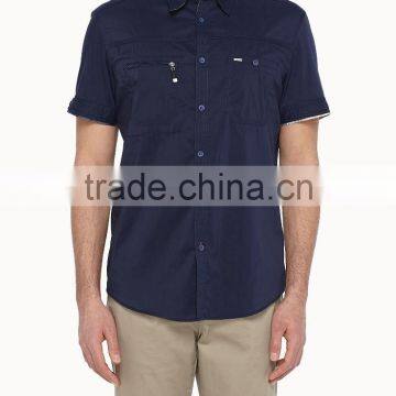 2015 casual men short shirts 100% cotton with two pocket