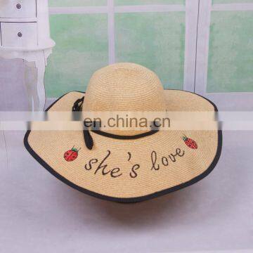 Ladybug Letters Embroidery Straw Hat Large Eaves Sunscreen Beach Hat photo-3