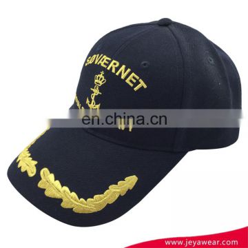 Fashion custom black 6 panel baseball cap with gold stitches embroidery and brass metal buckle