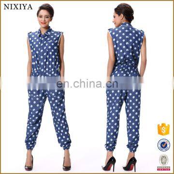 Round Dot Print Blue Denim Fashion Young Lady Long Jumpsuit Pants