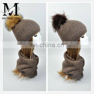 Wholesale Knitted Scarf Women Raccoon Fur Ball Winter Hat All in One Hat and Scarf photo-3