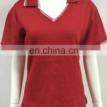 2016 LADY'S Popular Red V-neck Polo T-shirt With White Stripped Collar