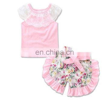 Baby Girl pink outfits Girls lace tops + floral short pants 2pcs Set Summer suit for 0-2years