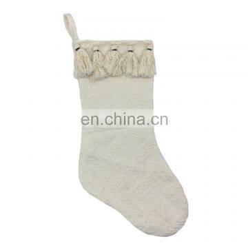Wholesale Decorative 100%cotton Beige Jacquard Chunky Tassels Christmas Socking for Christmas
