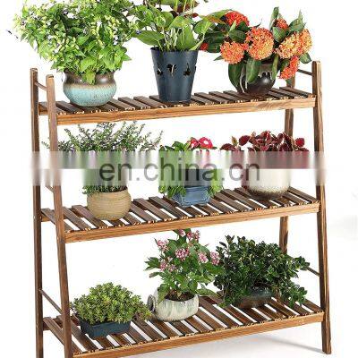 3 Tiers Carbonized Wood Plant Stand Shelf Holder Indoor Outdoor Vertical Tiered Plant Ladder Flower Rack Display