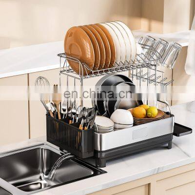 Dish Drying Storage Rack with Wine Glass Holder Dish Rack with Adjustable Swivel Spout for Kitchen countertop