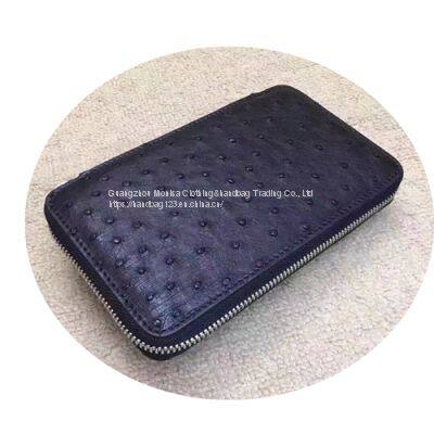 Handmade Leather Goods Ostrich Leather Zipper Mobile Phone Clutch Leather Long Wallet Customization photo-2