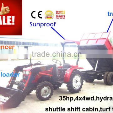 35HP farm tractor with front loader 4in1 bucket and backhoe,4cylinders,8F+2R shift,with Cabin,heater,fan,fork,blade