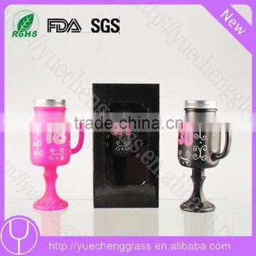 Glass drinking mason jar with handle and stem