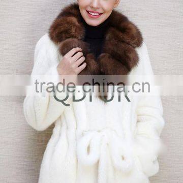 QD80710 Woman Winter White Mink Fur Coat With Brown Mink Collar