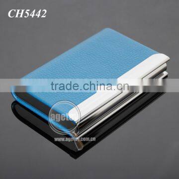 High Quality Box Packing Lichee Pattern Blue Leather Flannelette Lining Stainless Steel Metal Novelty Leather Credit Card Holder