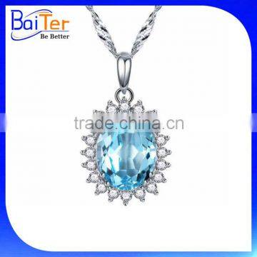 Fashion Rhodium Plated Cubic Zircon CZ 925 Sterling Silver Lab Created Aquamarine Pendant