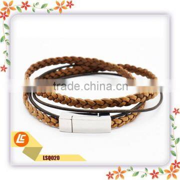 wholesale plain new high quality jewelry mens genuine leather bracelet stainless steel bangles made in China Jewelry