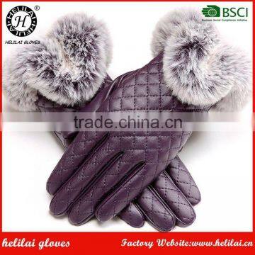 2016 New Winter Sexy Ladies Leather Gloves With Rabbit Fur Cuff Lined