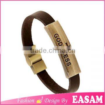 Vintage punk style god bless magnetic leather bracelet with metal plate