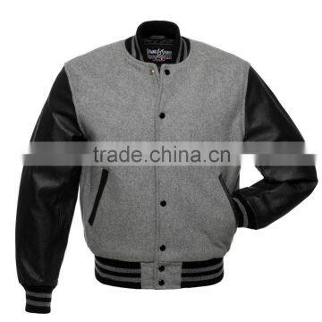 leatherman varsity jacket mens jacket grey wool body and black leather sleeves jacket