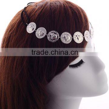 Vintage Girls Coin Shaped Silver Plated Metal Hair Chains Elastic Band Hair Accessories 2016