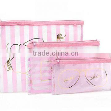 Promotional transparent zipper PVC cosmetic bags,waterproof stripe printing small zipper cosmetic pouch bag set