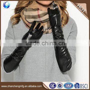 Factory price fashion ladies winter silk lined black long sheepskin leather gloves