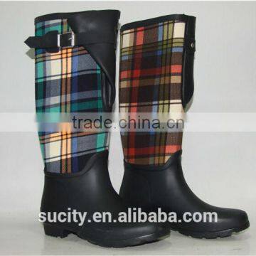 sexy ladies shiny black buckle rubber rain boots with fabric covered