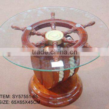 WOODEN NAUTICAL WHEEL TABLE WITH GLASS