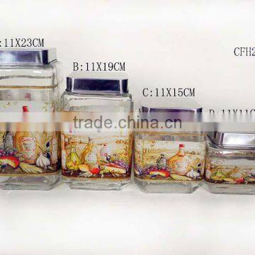 wholesale square china glass storage container with chinese style decal